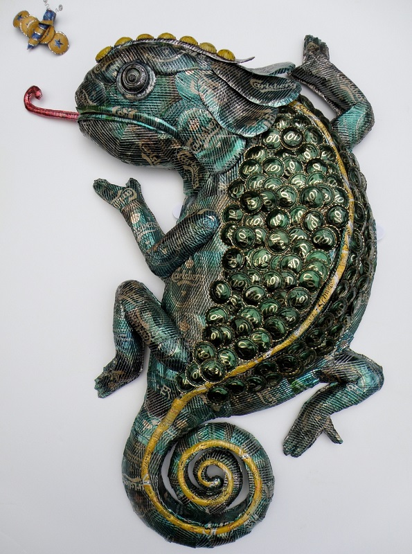 Bottle-top Chameleon sculpture by Val Hunt
