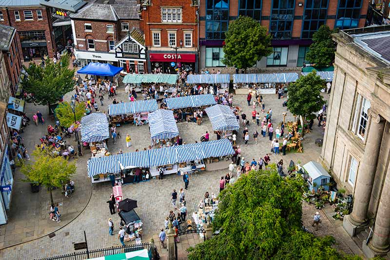 Aerial shot of the Treacle Market Macclesfield